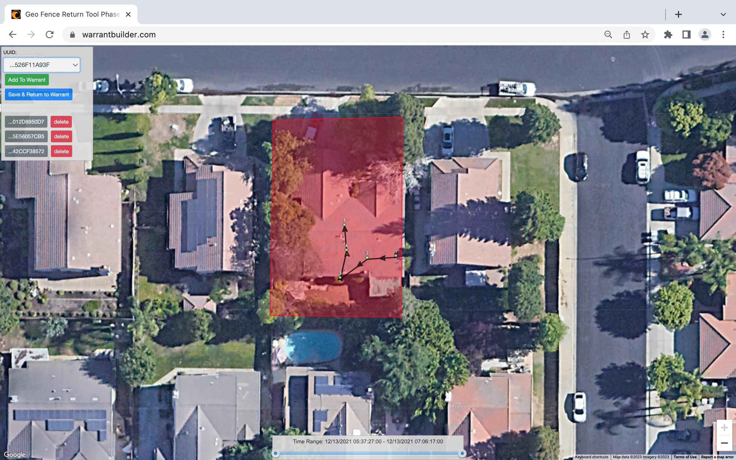 Warrant Builder geofence warrant tool showing Phase 1 returns, reverse location anonymized ID, mobile phones