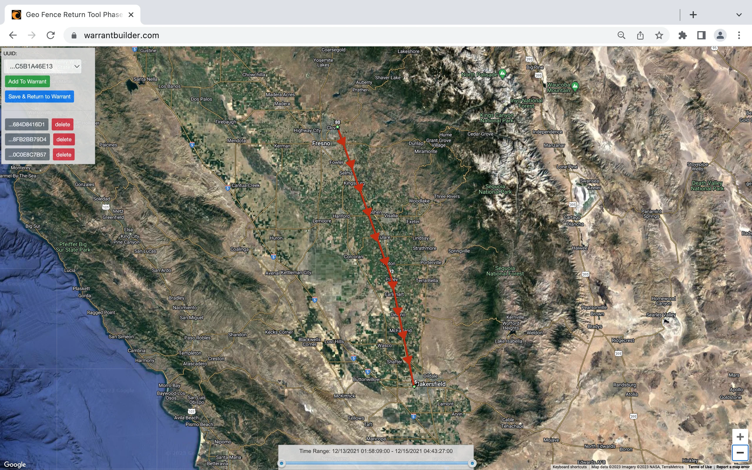 Warrant Builder geofence warrant tool showing Phase 3, reverse location anonymized ID, mobile phones, movement.