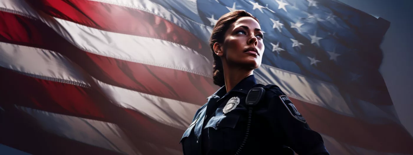 Female police officer standing confidently in front of an American flag, symbolizing law enforcement authority and expertise in search warrants.
