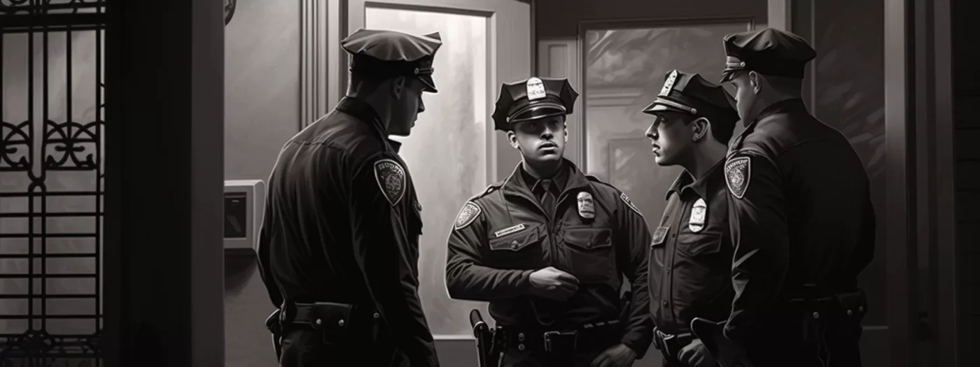 Police officers discussing an arrest for a Steagald warrant
