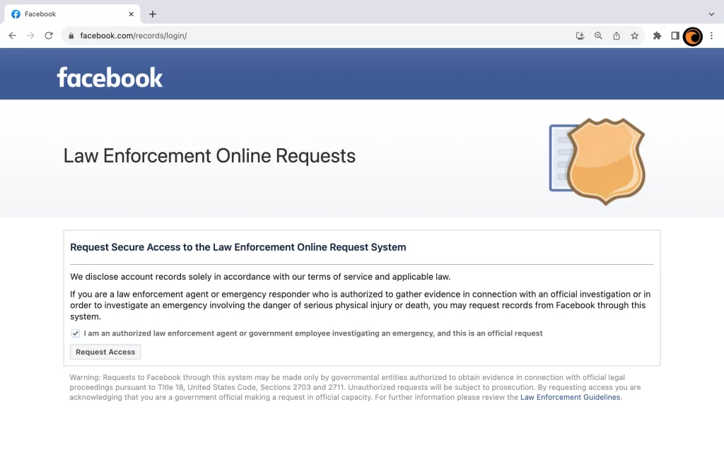 Facebook search warrant portal