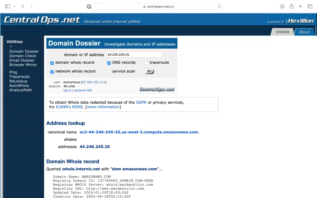 IP address Whois results